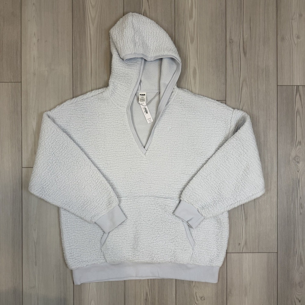 NWT Victoria Secret Pullover Sherpa Hoodie in Light Blue Gray Large‎ V-Neck